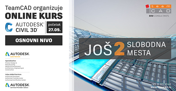 TeamCAD kao autorizovani Autodesk trening centar (Autodesk Authorised Training Center) organizuje online kurs Civil 3D