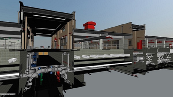 Kompanija Arcadis je napravila 3D modele kako bi projektovala nadogradnju postrojenja, uključujući ovaj model glavne galerije Bazena 7 koja prikazuje sklop cevi koje povezuju komore za tretiranje.