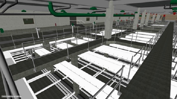 3D model objekta za čišćenje otpadnih voda prikazuje opremu za prečišćavanje vode, uključujući skimere za uklanjanje plutajućih algi i ustave za čišćenje kroz koje se sliva tretirana vodu za dalju filtraciju.