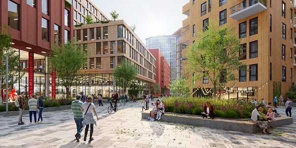 Økern S Development pruža novu energiju oblasti Hovinbyen u Oslu, u Norveškoj – kojom tradicionalno dominiraju fabrike i skladišta – stvaranjem dinamičnih trgova, uličnim baštama i otvorenim promenadama. Slika zahvaljujući kompaniji Skanska.